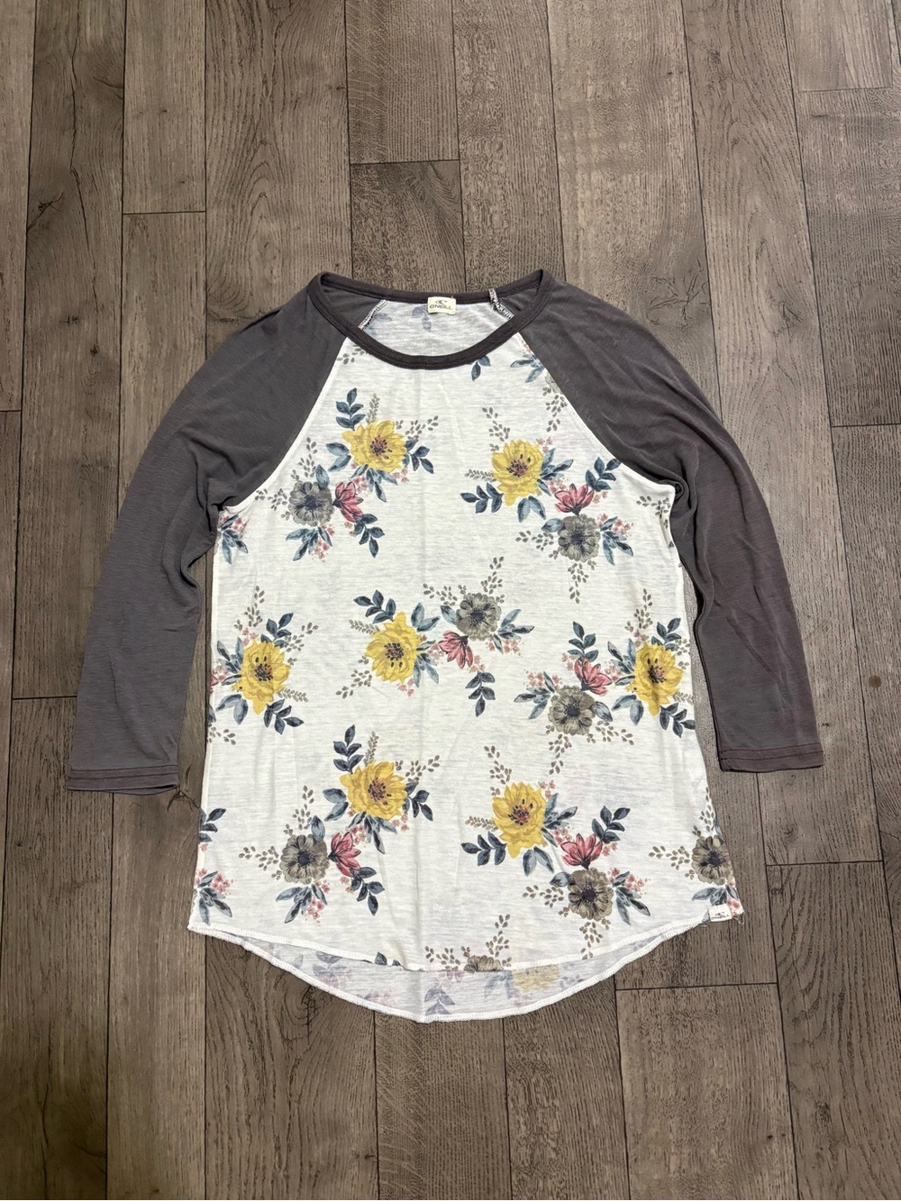 O'Neill Cream Floral Raglan Top with Gray Sleeves